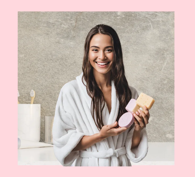 A happy woman flaunting her homemade rice shampoo bar and its benefits on her hair.